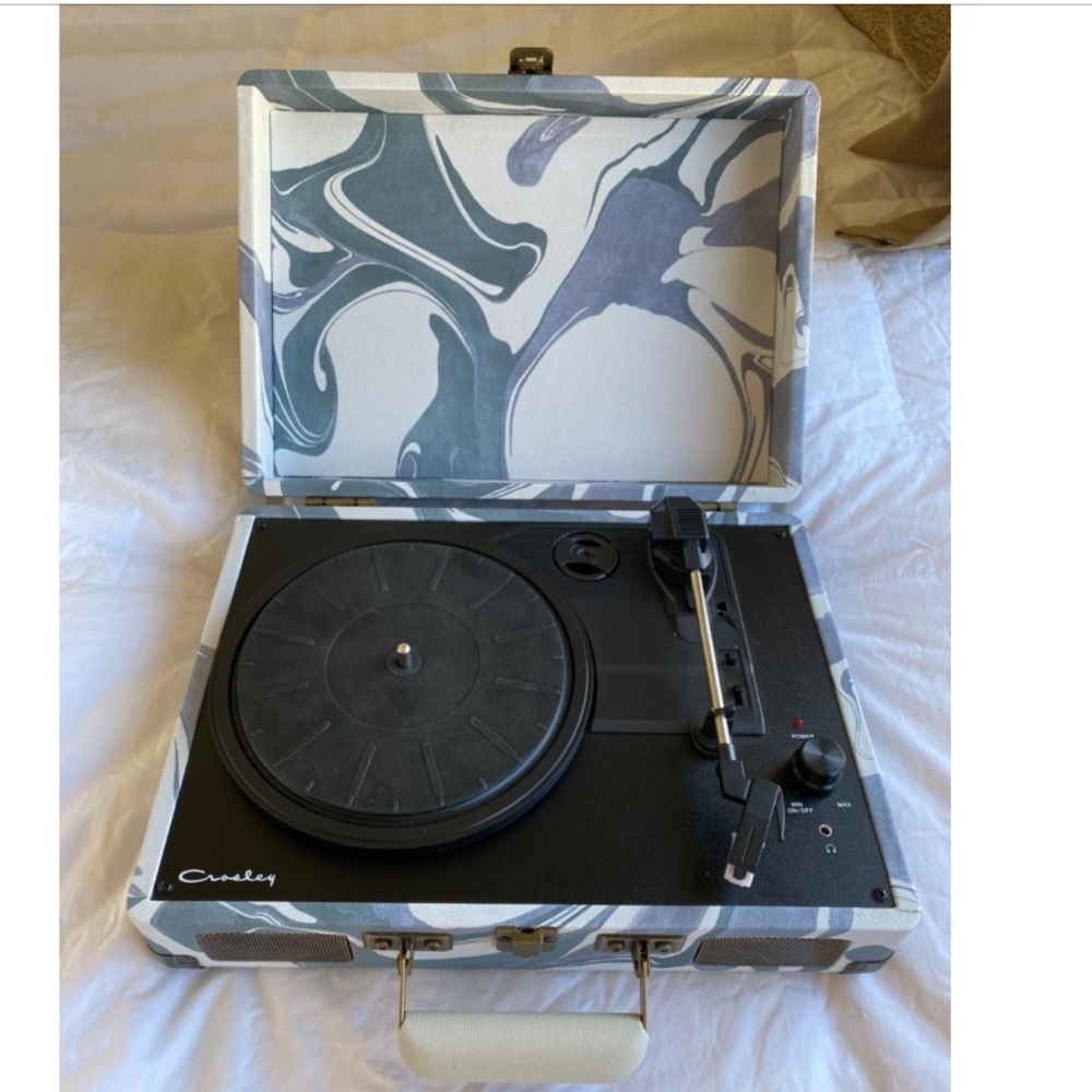BLUE / WHITE MARBLE CROSLEY PORTABLE RECORD PLAYER